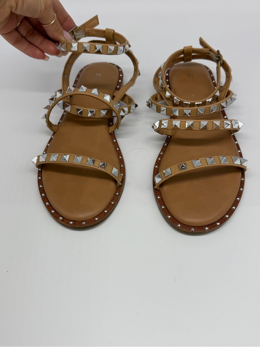 Women's Tan Studded Strappy Flat Sandals with Ankle Wrap